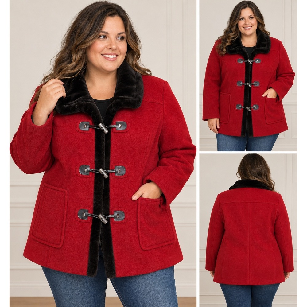 Vintage Collection by Gallery Woman Red Toggle Coat Faux Fur Trim Plus Size 1X